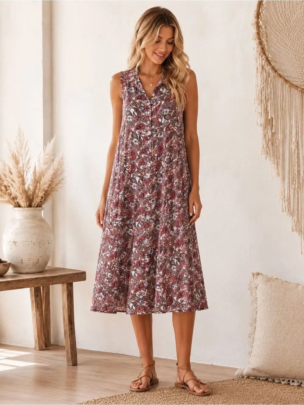 Riviera Sleeveless Midi Dress in Brown and Burgundy Paisley Boho Chic Aesthetic